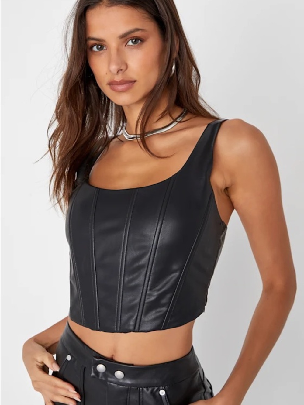 SHEIN Black Faux Leather Cropped Corset Tank
